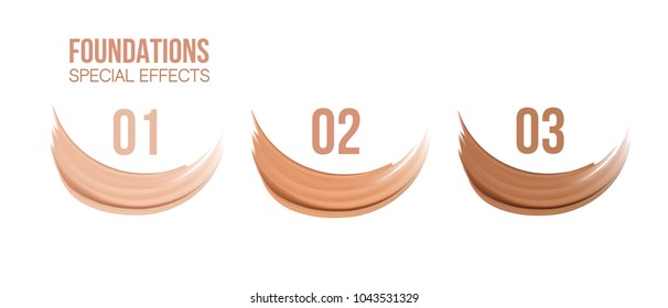 Foundation beige liquid .Cosmetic make up.  smudges range of colors on white background.transparent. Beige concealer strokes. Vector Illustration