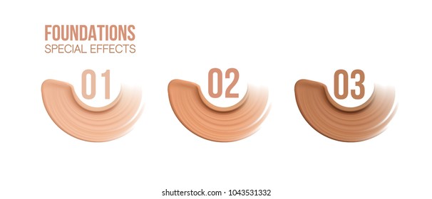 Foundation beige liquid .Cosmetic make up.  smudges range of colors on white background.transparent. Beige concealer strokes. Vector Illustration