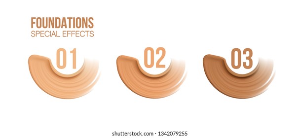 Foundation beige liquid .Cosmetic make up.  smudges range of colors on white background.transparent,palette,different shades. Beige concealer strokes. Vector Illustration.