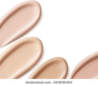 Beige Flüssigkeit der Stiftung .Kosmetische Make-up.BB,CC,DD Creme Smudges Reihe von Farben auf weißem Hintergrund.transparent. Beige Schlagstöcke. Vektorgrafik