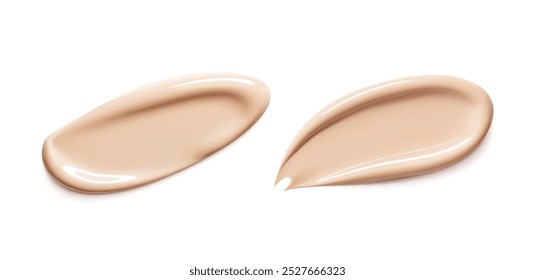 Trazo beige base.  Cosmética facial, maquillaje. Textura de crema, frotis cosmético líquido. Base, crema BB, crema CC, corrector, producto para la piel de la cara. Conjunto de ilustración 3d de Vector realista