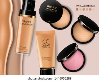 Base y rubor en polvo de Vector cosméticos realistas. Colocación del Producto. Verter líquido 3d ilustración detallada