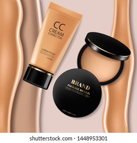 Foundation and blush powder Vector realistic cosmetics. Product placement. Pouring liquid 3d detailed illustration