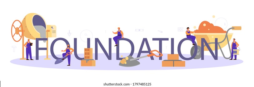 Foundation builder typographic header. Professional worker preparing concrete with tools and cement. Process of house building. Isolated flat vector illustration