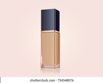 Foundation container mockup, complexion liquid in glass bottle isolated on light pink background in 3d illustration