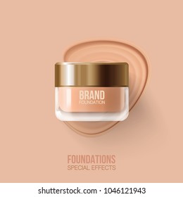 Foundation container mockup, cosmetic bottle package. Foundation beige liquid .Cosmetic make up.Beige concealer strokes. Vector Illustration