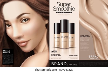 Foundation cosmetic ads, three bottles of foundation with a brunette and creamy texture, 3d illustration