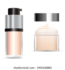Foundation cream bottle. Cosmetic jar face makeup, vector glass template illustration. Plastic container with lid, beauty package transparent design. Lotion packaging dispenser pump