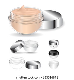 Foundation cream container isolated on white background, transparent. Cosmetic glass jar. Beauty product package, vector illustration.
