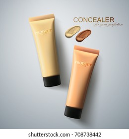 Foundation cream packaging design. Beauty makeup ad poster. Concealer tubes with facial tone cream smear. 3d cosmetic product realistic vector. Women fashion makeup illustration. Top view