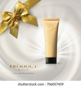 Foundation cream packaging design. Makeup ads poster. Concealer tube on creamy swirling background with golden bow and ribbon. 3d cosmetic product. Realistic vector illustration. Facial tone cream.