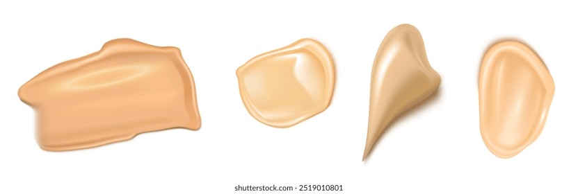 Foundation cream swatches set isolated on white background. Vector realistic illustration of light beige concealer samples, makeup cosmetic product, natural beige color strokes palette, glossy texture