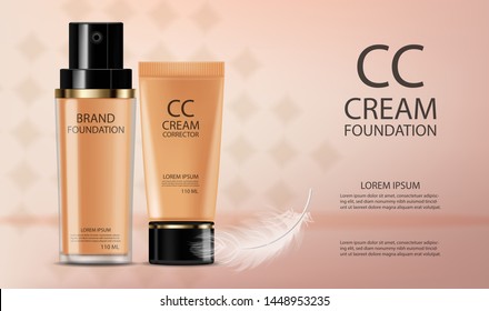 Foundation cream Vector realistic cosmetics. Product placement. Pouring liquid 3d detailed illustration