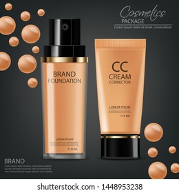 Foundation cream Vector realistic cosmetics. Product placement. Pouring liquid 3d detailed illustration
