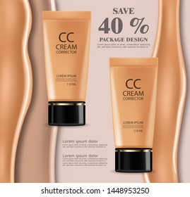 Foundation cream Vector realistic cosmetics. Product placement. Pouring liquid 3d detailed illustration