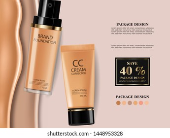 Foundation cream Vector realistic cosmetics. Product placement. Pouring liquid 3d detailed illustration