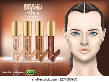 Foundation Creams set ads, with nice brunette woman on brown background. Realistic image template.