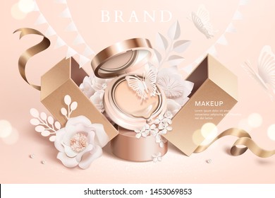 Foundation cushion ads with paper flowers and gift box in 3d illustration