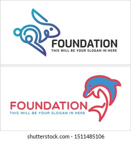 Foundation design logo with rabbit and dolphin line art vector suitable for animal community non profit humanitarian