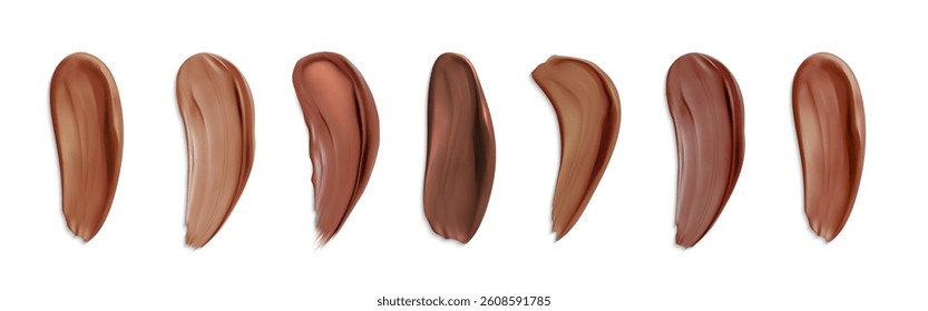Foundation drops kit with various dark skin tones. Brown shades liquid cosmetic smudges swatches palette for makeup artistry. Diversity beauty product color range samples. Fluid skincare cream smears.