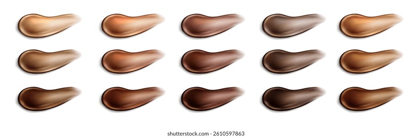 Foundation drops kit with various dark skin tones. Brown shades liquid cosmetic smudges swatches palette for makeup artistry. Diversity beauty product color range samples. Fluid skincare cream smears.
