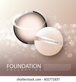 Foundation female cosmetic product ads poster with face powder in realistic style vector illustration