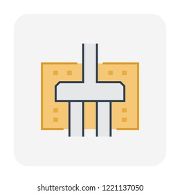 Foundation Or Footing At Cross Section View Vector Icon. Shallow And Spread Type. Include House Building, Soil, Column, Pile. Concrete Structure At Below, Underground. Analysis By Civil Engineering.
