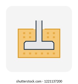 Foundation Or Footing At Cross Section View Vector Icon Design. Shallow And Spread Type. Include House Building, Soil, Column. Concrete Structure At Below, Underground. Analysis By Civil Engineering.
