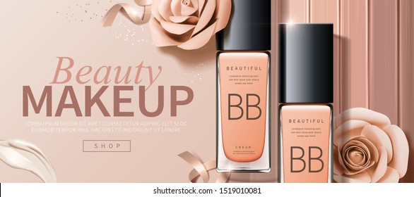 Foundation glass bottle ads with paper roses in 3d illustration, flay lay angle