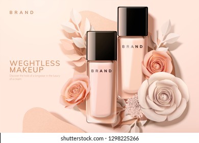 Foundation in glass bottle with paper flowers, 3d illustration Foundation in glass bottle with paper flowers, 3d illustration