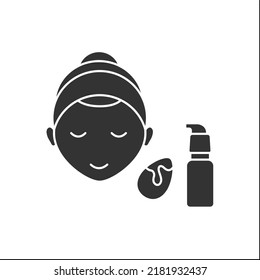  Foundation glyph icon. Special liquid for the woman face to create an even, uniform color to complexion. Cosmetic sponge.Makeup concept.Filled flat sign. Isolated silhouette vector illustration
