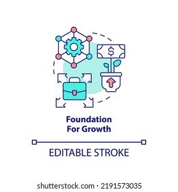Foundation for growth concept icon. Startup needs consulting service abstract idea thin line illustration. Expand business. Isolated outline drawing. Editable stroke. Arial, Myriad Pro-Bold fonts used