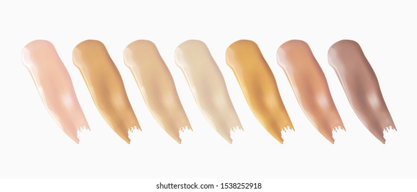 Foundation and lip gloss smears texture isolated on white background. Liquid foundation smudge swatch set. Vector cosmetic makeup concealer shades. 
