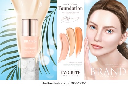 Foundation makeup ads with liquid dripping down with different color tone and an elegant model in 3d illustration, blue sky background