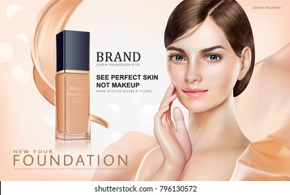 Foundation makeup ads, pretty model in short hair with foundation container and cream texture isolated on bokeh background in 3d illustration