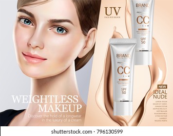 Foundation makeup ads, pretty model in short hair with cc cream and splashing liquid in 3d illustration