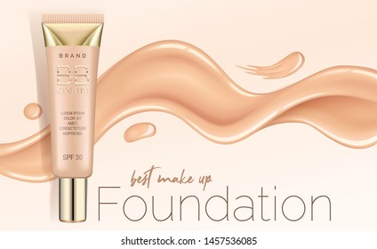 Foundation makeup, advertising design template for catalog with concealer, BB cream packaging tube mock up with liquid foundation in the background vector illustration