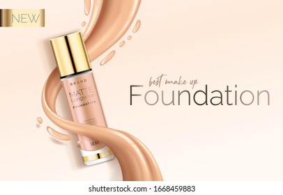 Foundation makeup, advertising design template for catalog with concealer, BB cream packaging tube mock up with liquid foundation in the background vector illustration