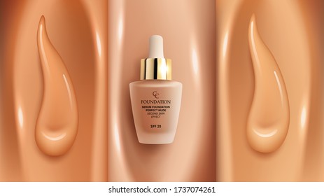 Foundation makeup background with different shades of face cream concealer and glass tube of foundation packaging mock up, apadvertising design template for catalog, vector illustration