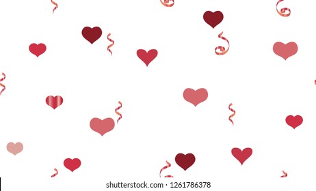 The foundation of packaging, textiles, wallpaper, banner, printing. Happy Pattern of Hearts and Serpentine. Vector Seamless Pattern on a White Background. Scattered Red confetti.