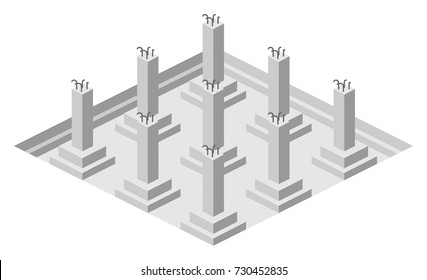 The Foundation piles. Construction of building. Isometric view. Architectural blueprints and diagrams. vector 