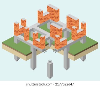 Las pilas de los cimientos. Esquema de muestra de parrilladas. Construcción del edificio. Vista isométrica. Planes y diagramas arquitectónicos. Proceso de construcción. Vector 