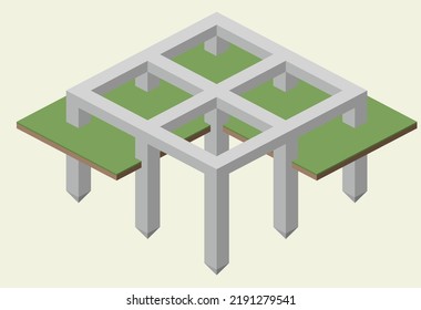 Las pilas de los cimientos. Esquema de muestra de parrilladas. Construcción del edificio. Vista isométrica. Planes y diagramas arquitectónicos. Proceso de construcción. Vector 
