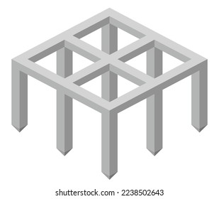 The foundation piles. Grillage sample scheme. Construction of building. Isometric view. Architectural blueprints and diagrams. Construction process. Vector 