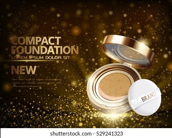 foundation product ad with glittering golden dusts fills the air, 3d illustration 