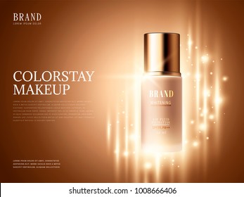 Foundation product ads, makeup essential product with glittering elements in 3d illustration