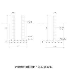 foundation sketch and reinforcement details  notation   dimensions