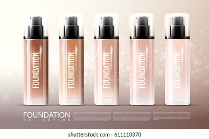 Foundation skin treatment realistic template with cosmetic bottles of cream for body care on blurred background vector illustration 