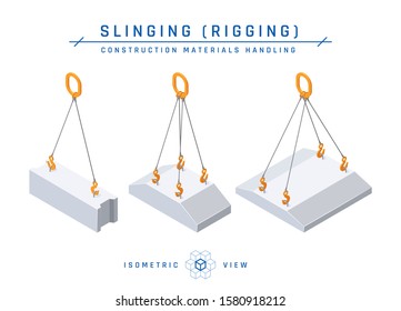 Foundation slinging concept, isometric view. Construction products collection. Vector illustration isolated on a white background in flat style.