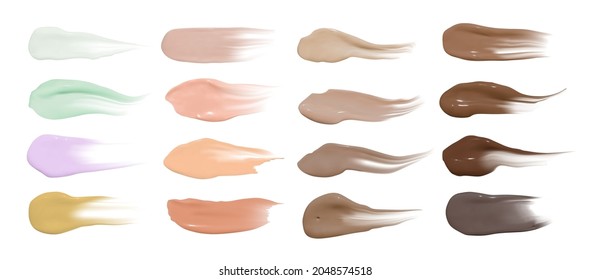 Foundation smears. Makeup concealer base. Isolated paint swatch. Liquid brown background. Foundation cream isolated on white. Face care product. Cosmetic vector powder. Foundation smudges.